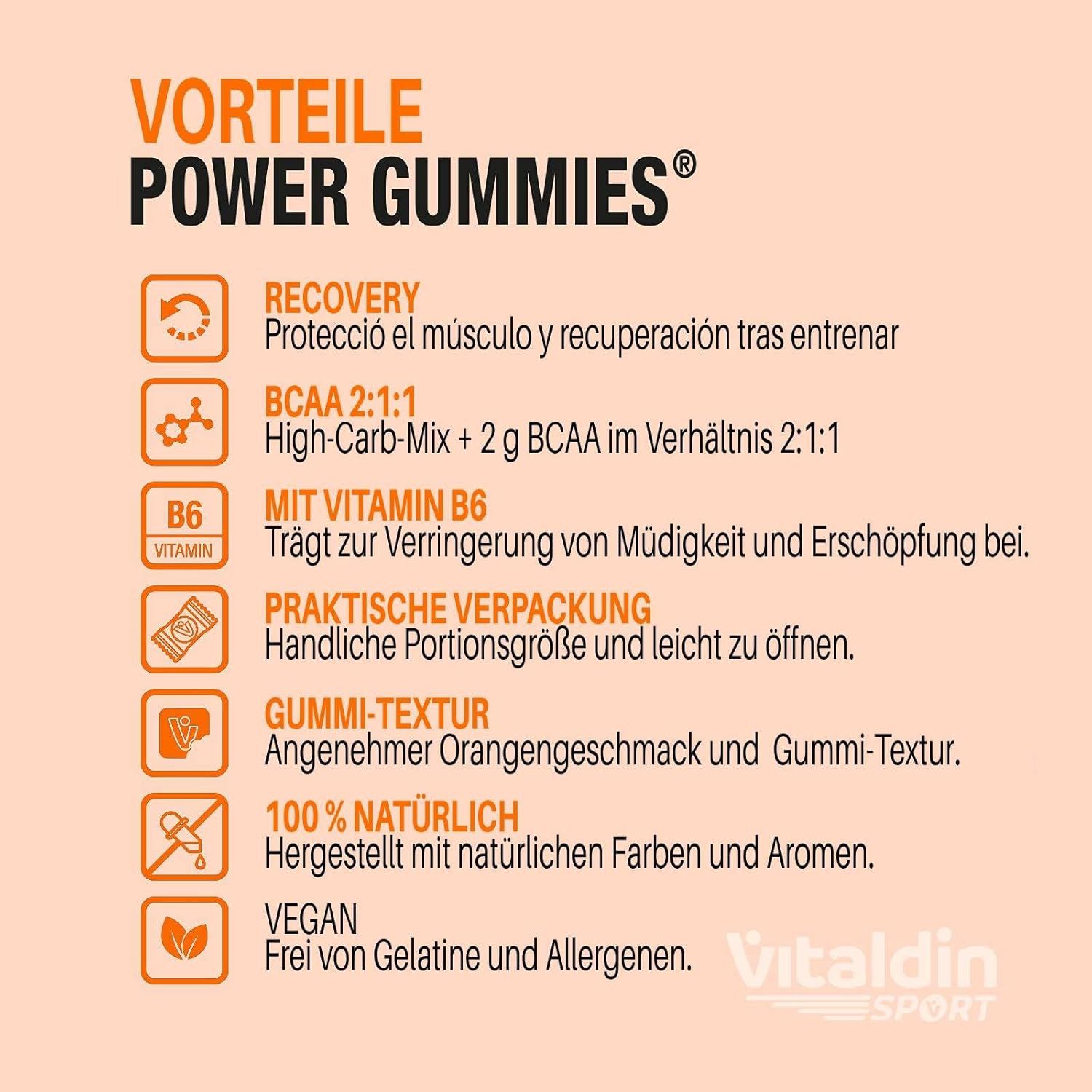 Text mit Vorteilen von Power Gummies: Recovery, BCAA 2:1:1, Vitamin B6, praktische Verpackung, Gummi-Textur, 100% natürlich, vegan.