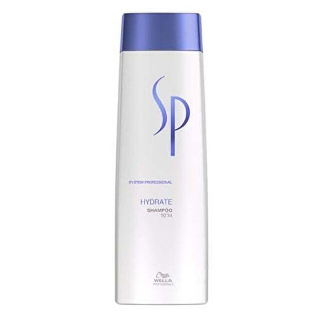Weißes Shampoo mit blauem Deckel. Aufschrift SP, Hydrate Shampoo. Wella Logo.