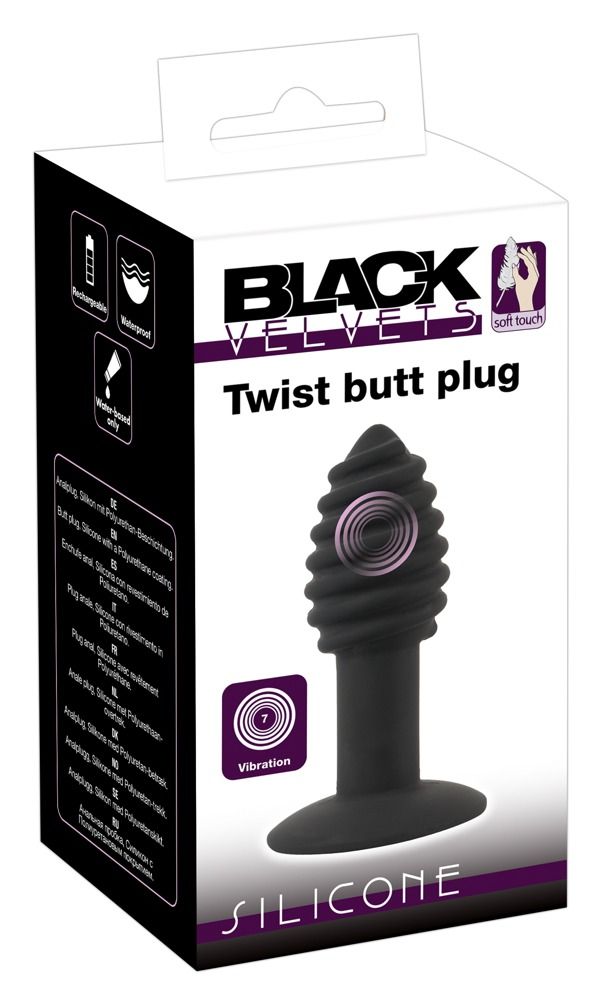 Produktverpackung. Schwarzer Analplug mit spiralförmigem Kopf. Text: Black Velvets, Twist butt plug, Silicone.