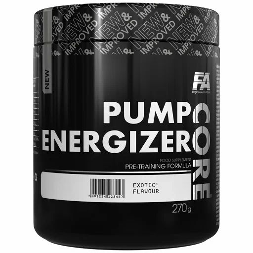 Schwarzer Behälter mit weißer Aufschrift "PUMP CORE ENERGIZER". "EXOTIC" Flavor. 270g. FA Logo. "NEW & IMPROVED" Text.