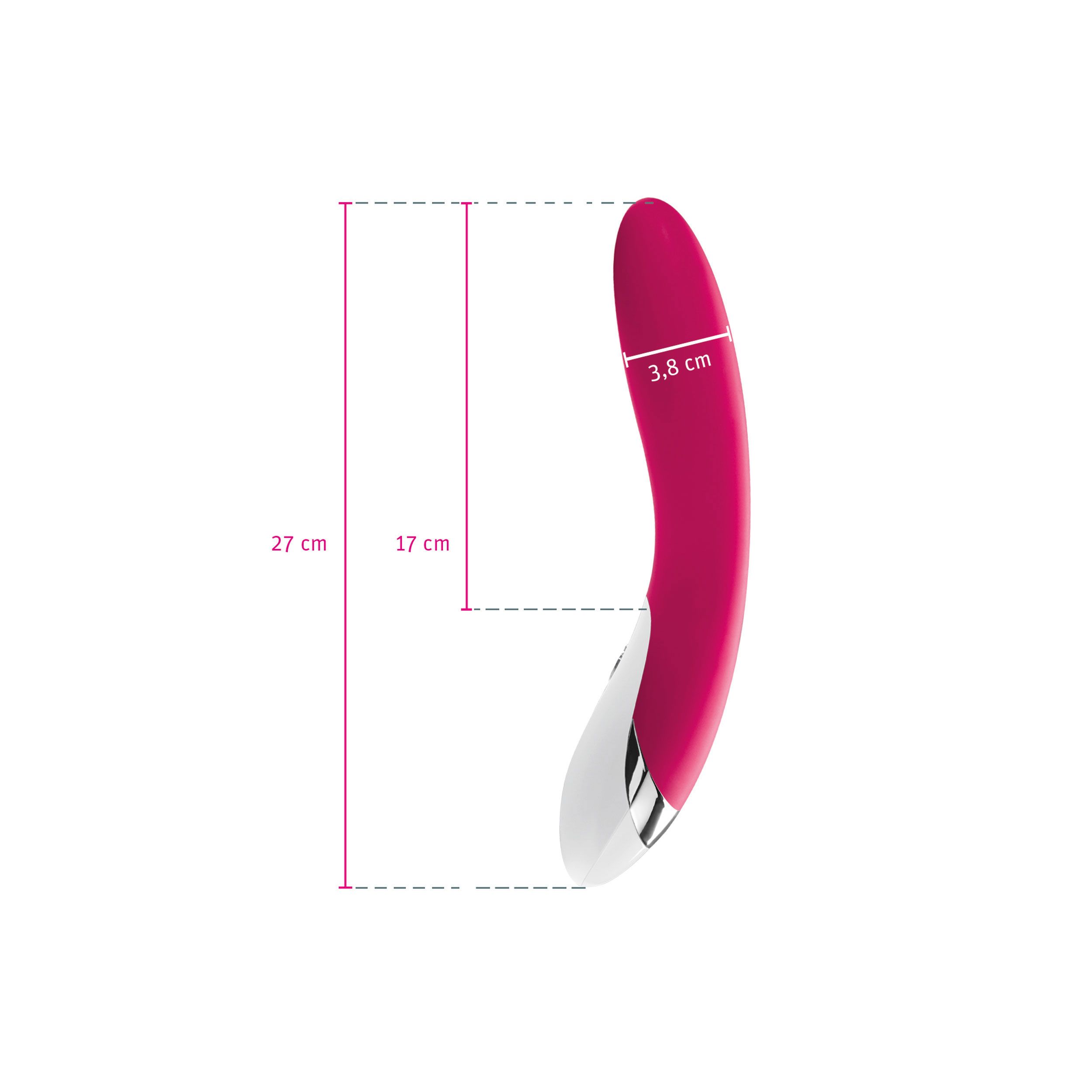 Pinkfarbener Vibrator mit weißen Bedienelementen. Maße: 27 cm lang, 3,8 cm breit, 17 cm hoch.