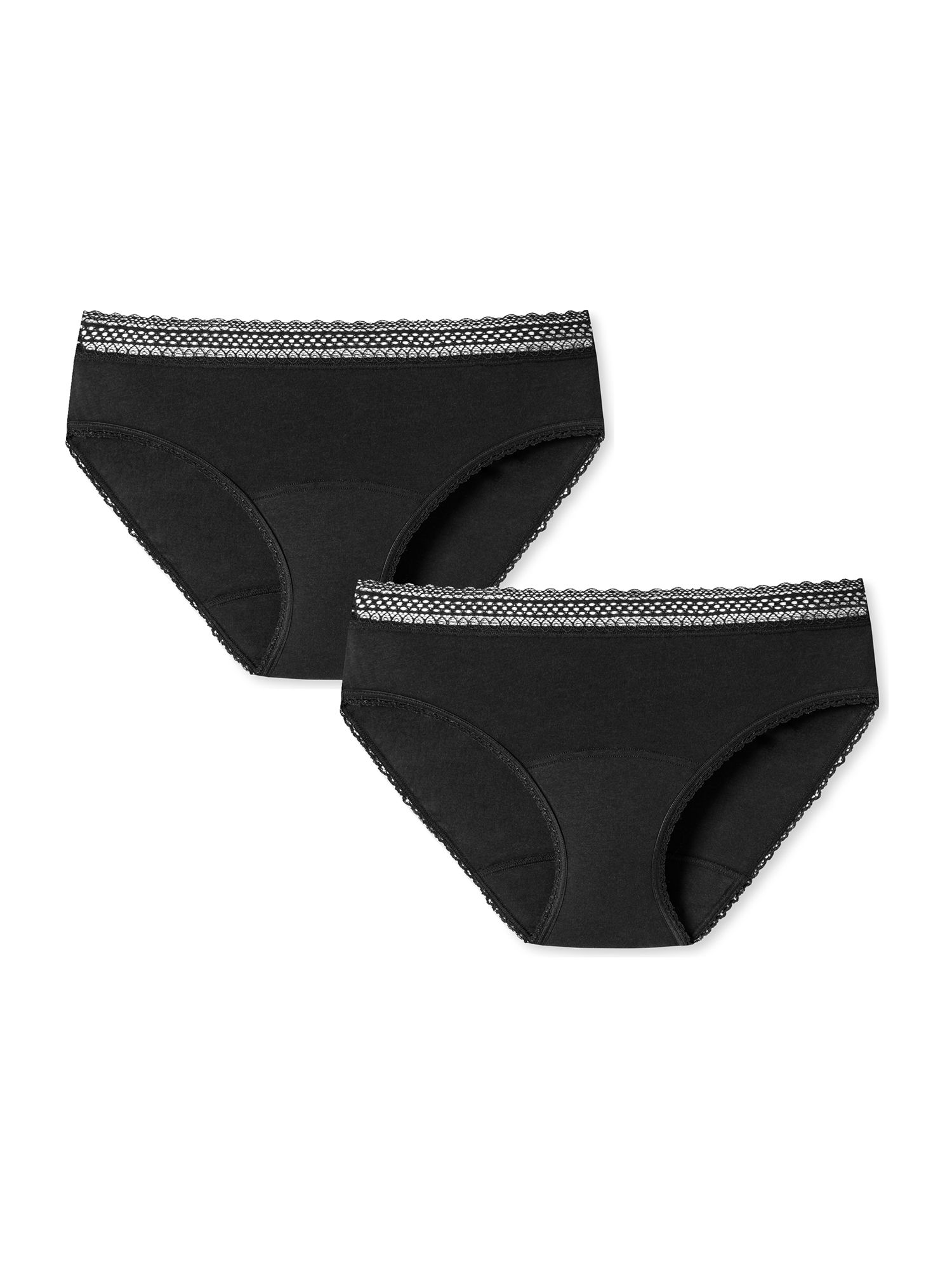 Zwei schwarze Perioden-Slips mit Spitze am Bund. Größe 50/52. Blick von vorne.