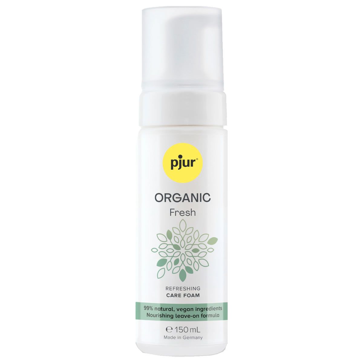 Weiße Flasche mit gelbem Etikett. Aufschrift: pjur ORGANIC Fresh. Enthält 150 ml. Mit grünen Blättern und Text.