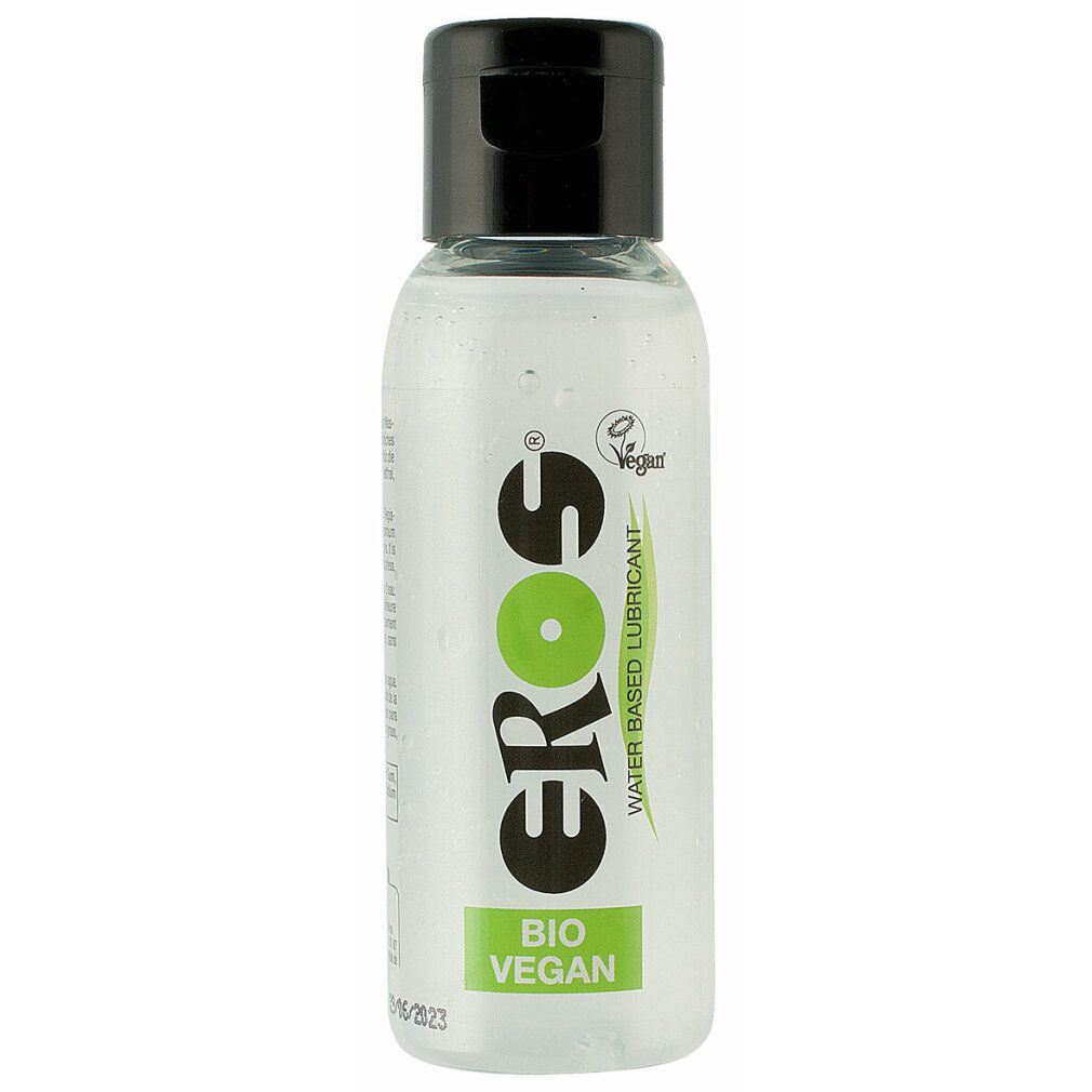 Klare Flasche mit schwarzem Deckel. Aufschrift: EROS, BIO VEGAN, Wasserbasiertes Gleitmittel. Vegan-Siegel.
