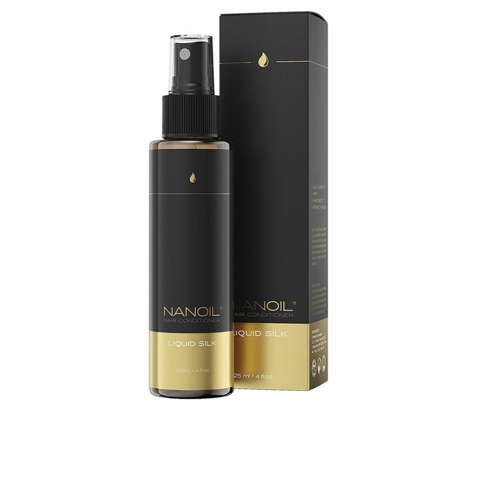 Nanoil Liquid Silk Haarconditioner in schwarzer Sprühflasche mit goldener Banderole und Umverpackung.