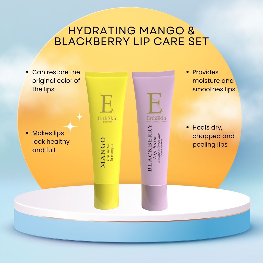 Zwei Lippenbalsam-Tuben: Gelb und Lila. Aufschrift: Mango, Blackberry. Marke: ErthSkin. Auf Podest mit Text.
