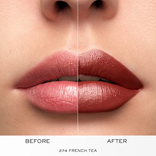 Vorher-Nachher-Bild von Lippen, die den Lippenstift 274 French Tea tragen. Text unterhalb.