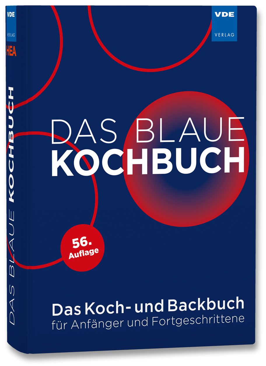 Buchcover von "Das Blaue Kochbuch" mit Titel, rotem Kreis-Design und "56. Auflage". Verlag: VDE Verlag.