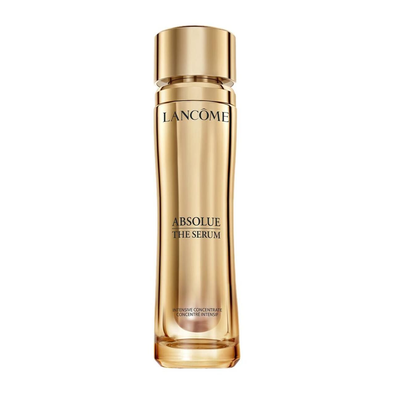 Goldfarbene Serumflasche mit Schriftzug Lancôme, Absolue The Serum. Vertikale Form, goldener Deckel.