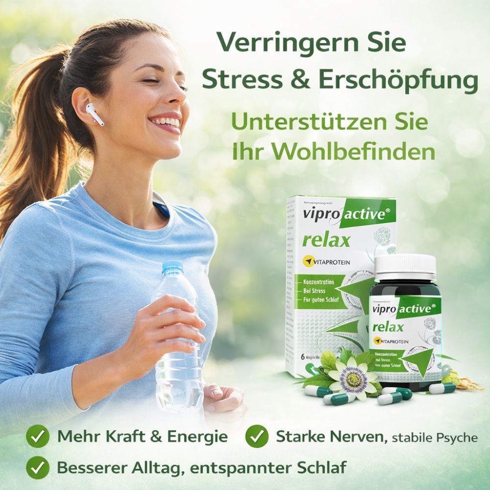 Frau beim Joggen mit Viproactive® Relax-Produkt. Flasche und Schachtel. Aufschrift: Mehr Kraft & Energie, Starke Nerven, Besserer Alltag.
