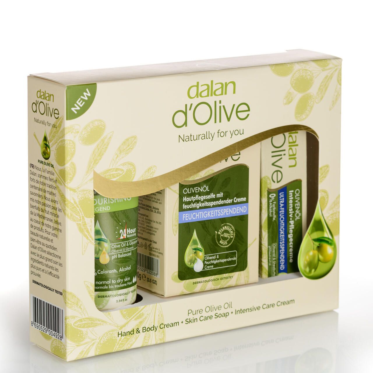 Dalan d'Olive, Geschenkset = Bodylotion 75ml + Feinseife 100g + Intensiv Creme 20ml