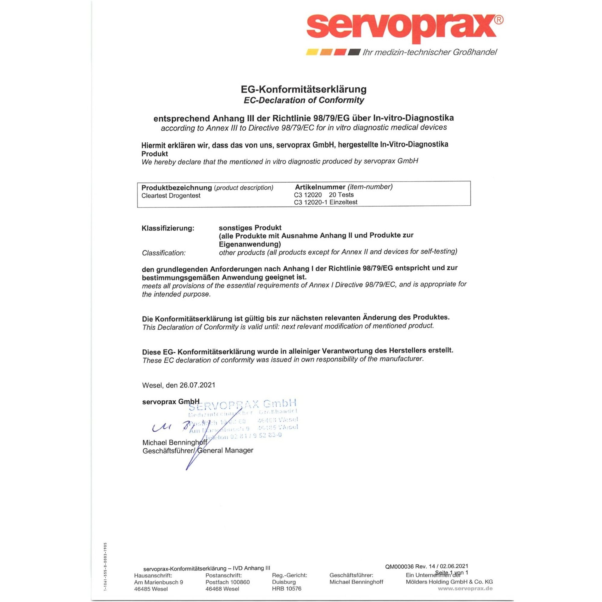 EG-Konformitätserklärung für In-vitro-Diagnostika. Enthält Informationen über das Produkt und den Hersteller.