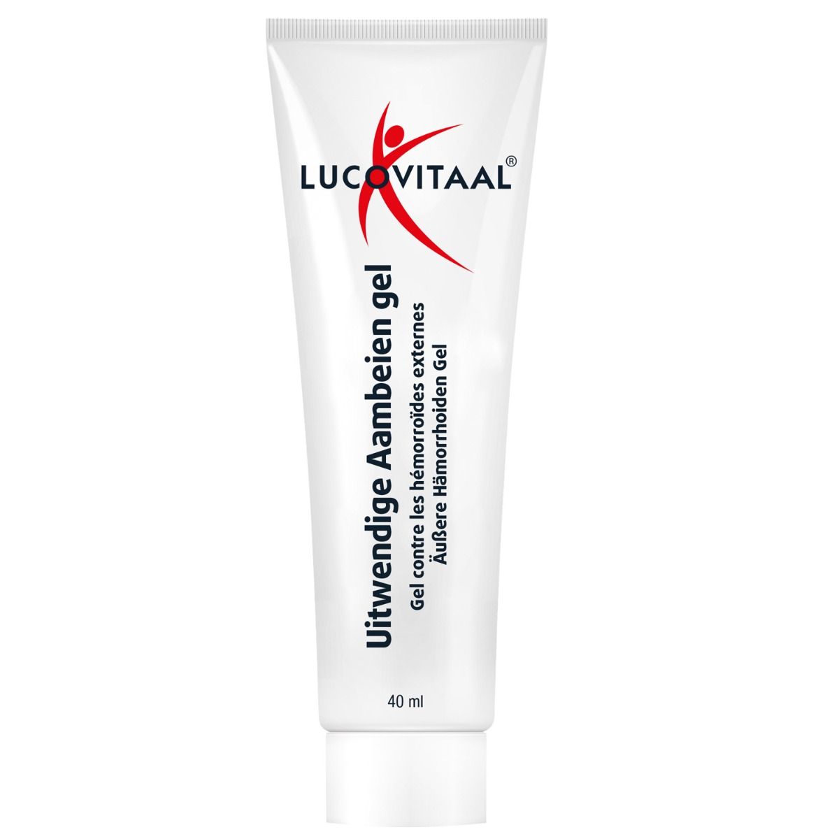 Tube blanc avec nom du produit et logo. Gel pour hémorroïdes externes. 40 ml.