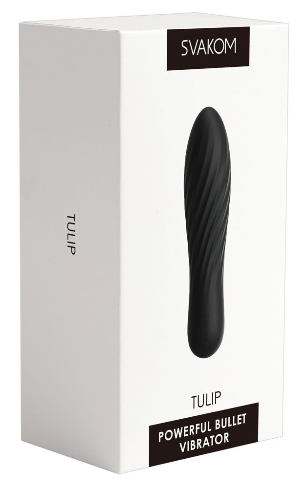 Weiße Verpackung mit einem schwarzen Vibrator-Design. Der Markenname SVAKOM und der Produktname TULIP sind sichtbar.