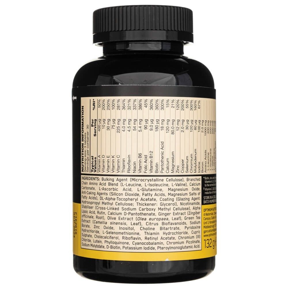 Rückseite einer Optimum Nutrition Opti-Men Multivitamin-Flasche mit Nährwertangaben.