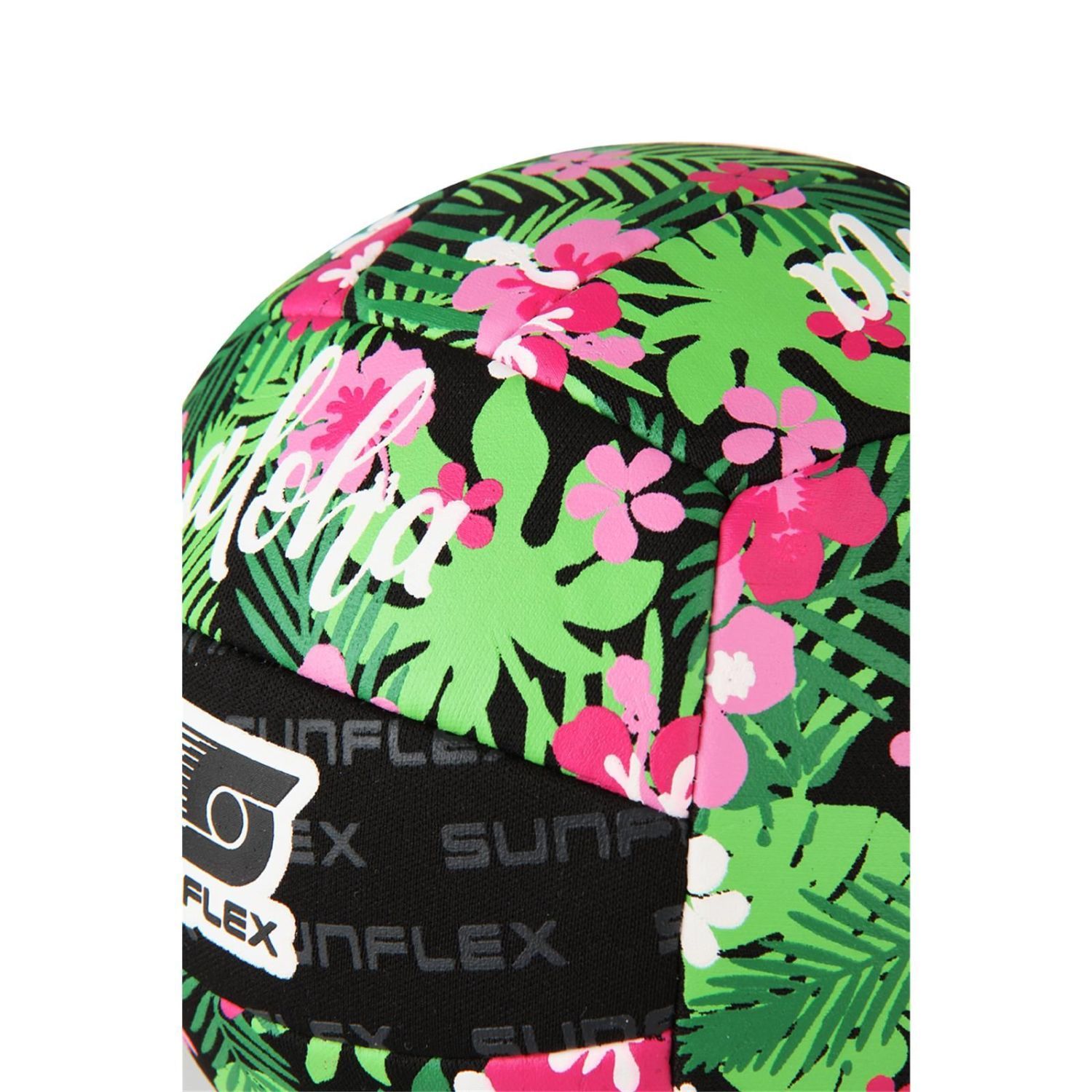 Ausschnitt eines Balls mit tropischem Blumenmuster. Aloha-Schriftzug. Schwarzes Band mit Sunflex-Logo. Grün, Pink, Schwarz.