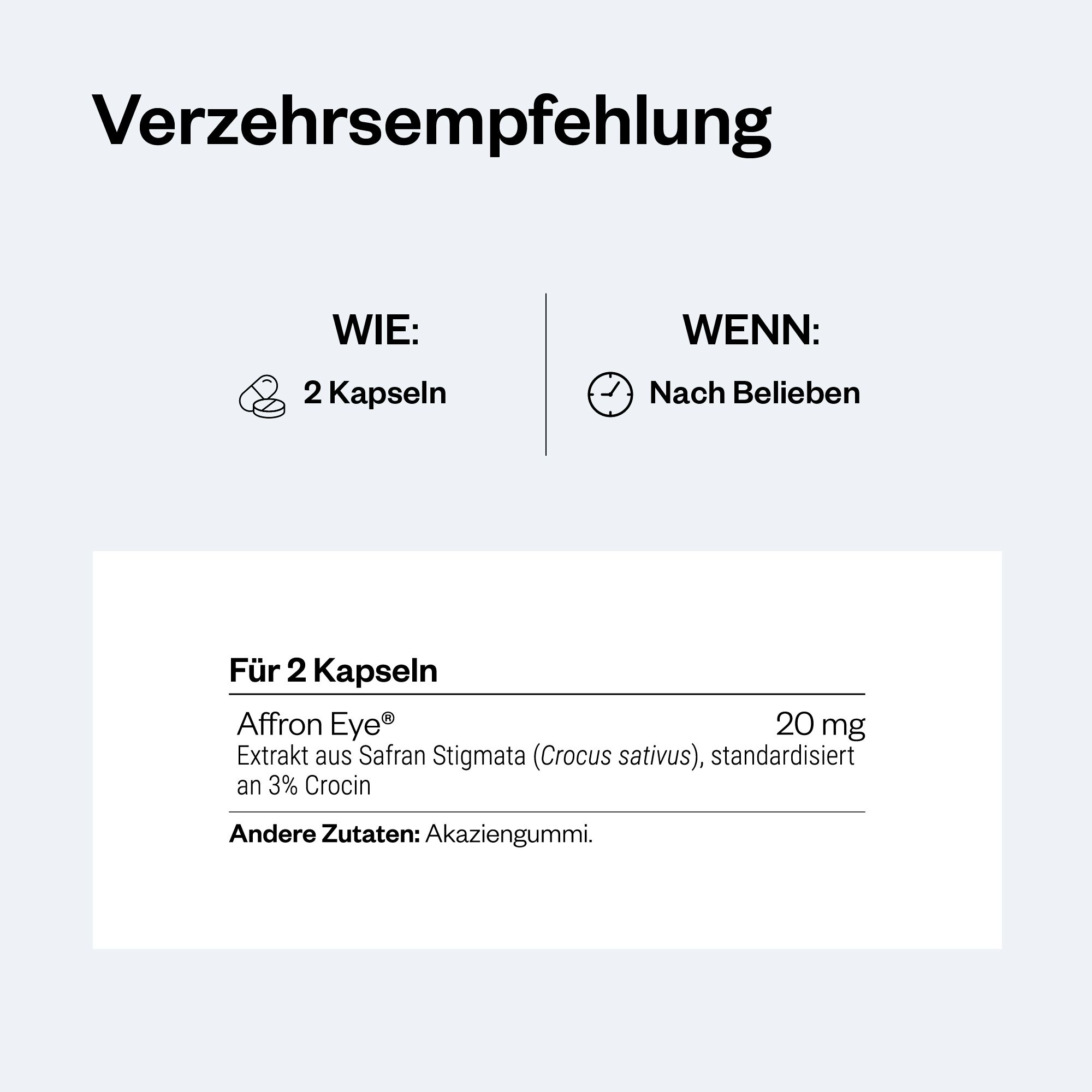 Text: 2 Kapseln. Affron Eye® 20 mg. Andere Zutaten: Akaziengummi.