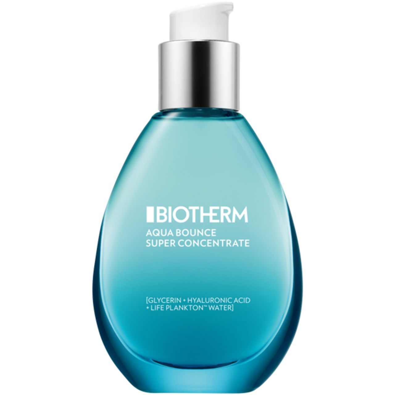 Blau-transparente Flasche mit weißem Pumpkopf. Aufschrift: BIOTHERM, AQUA BOUNCE, SUPER CONCENTRATE.
