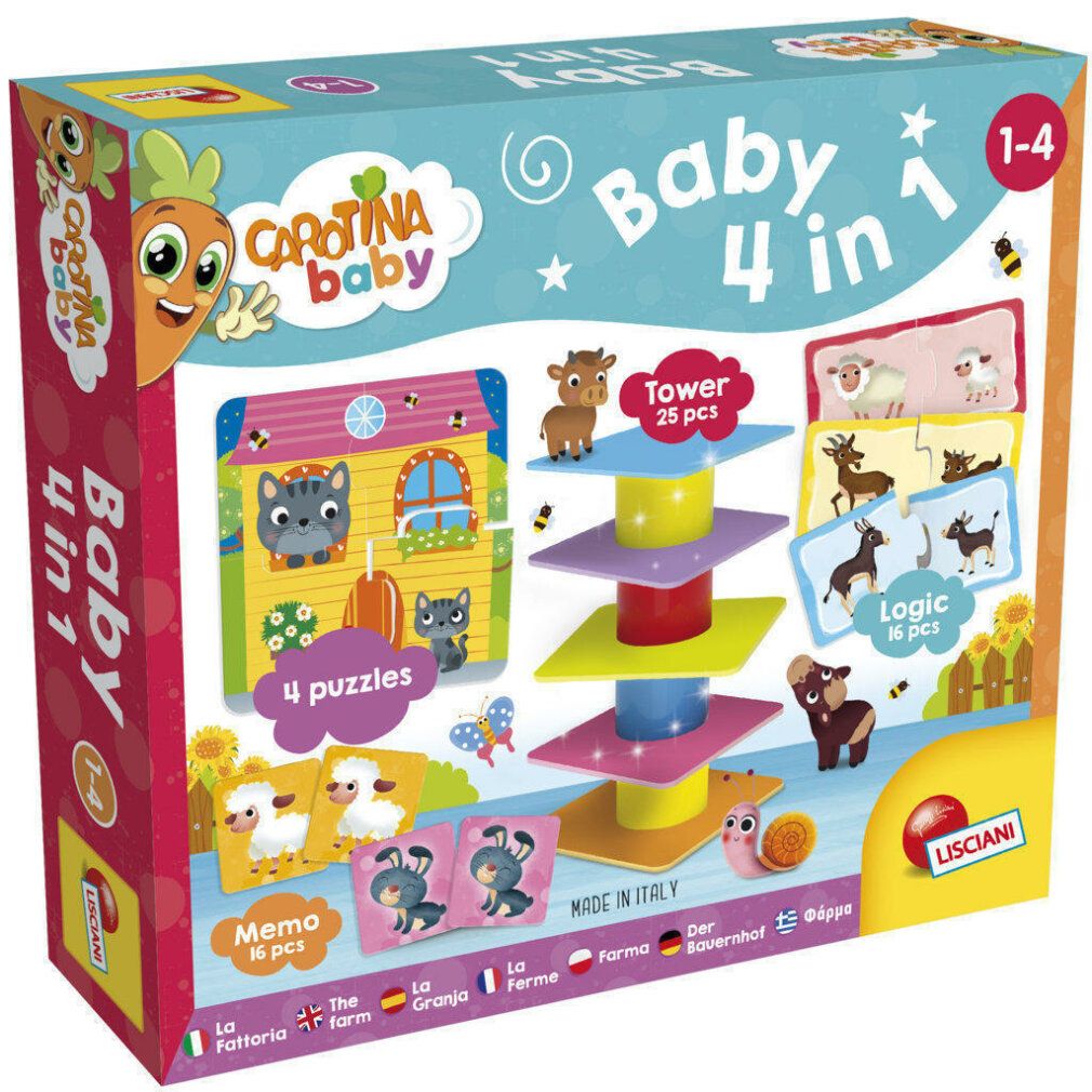Verpackung von Carotina Baby 4 in 1. Enthält Puzzles, Turm, Memo-Spiel. Mit Illustrationen von Tieren und Haus. Alter 1-4.