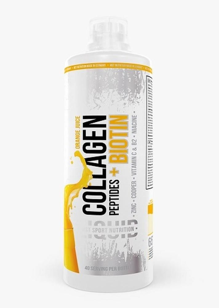 Weiß-orangefarbene Flasche mit "COLLAGEN PEPTIDES + BIOTIN". Enthält Orange Juice. Mit Nährwertangaben.