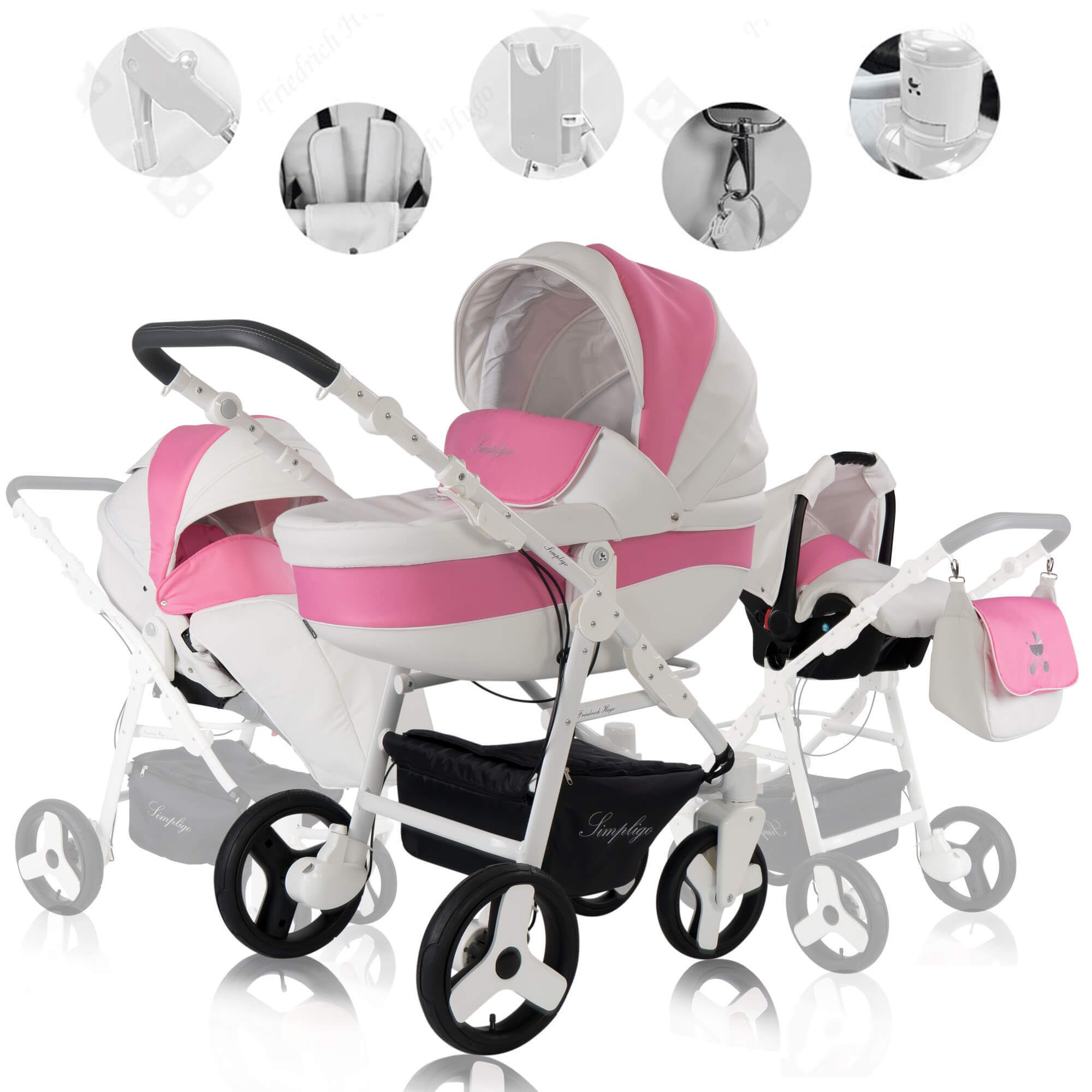 Friedrich Hugo Simpligo 4 in 1 Kinderwagen mit original Maxi Cosi, Pink (Kunstleder)