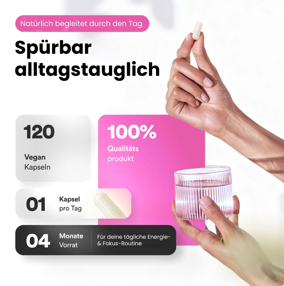 Person hält Glas Wasser und Kapsel. Text: 120 vegane Kapseln, 1 Kapsel pro Tag, 4 Monate Vorrat. 100% Qualitätsprodukt.