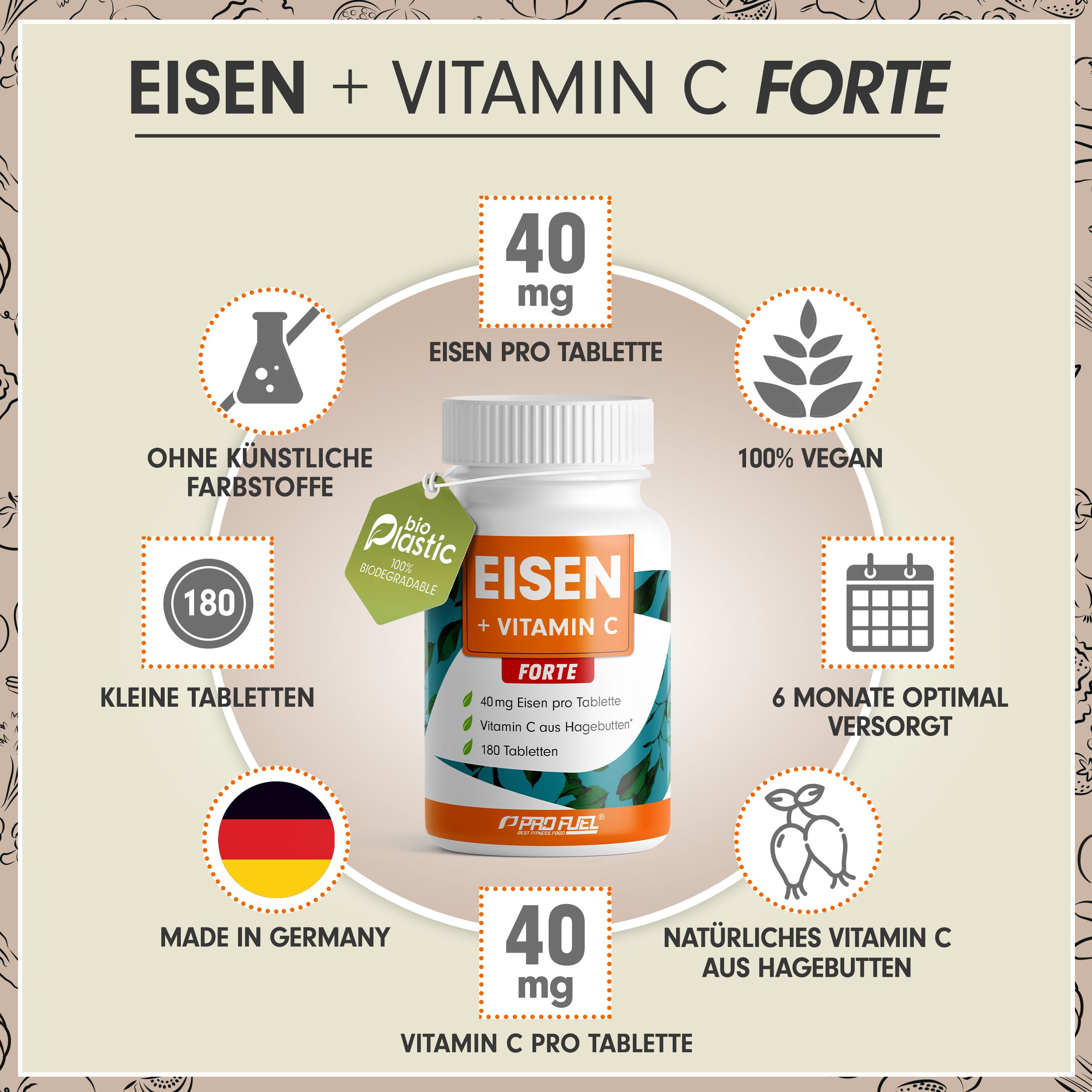 ProFuel - EISEN Tabletten mit natürlichem Vitamin C, 40mg Eisen & 40mg Vitamin C - 540 Kapseln