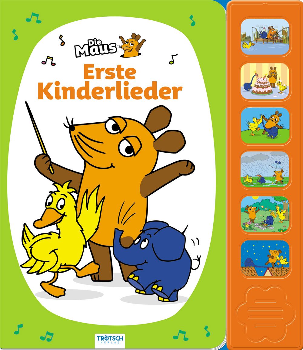 Soundbuch „Erste Kinderlieder“. Cover mit Maus, Ente und Elefant. Orangefarbener Soundleiste mit Illustrationen.