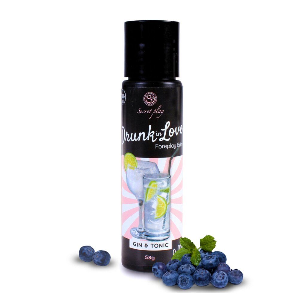 Schwarze Flasche mit "Drunk in Love"-Aufdruck. Gin & Tonic-Motiv. Blaubeeren und Minze.