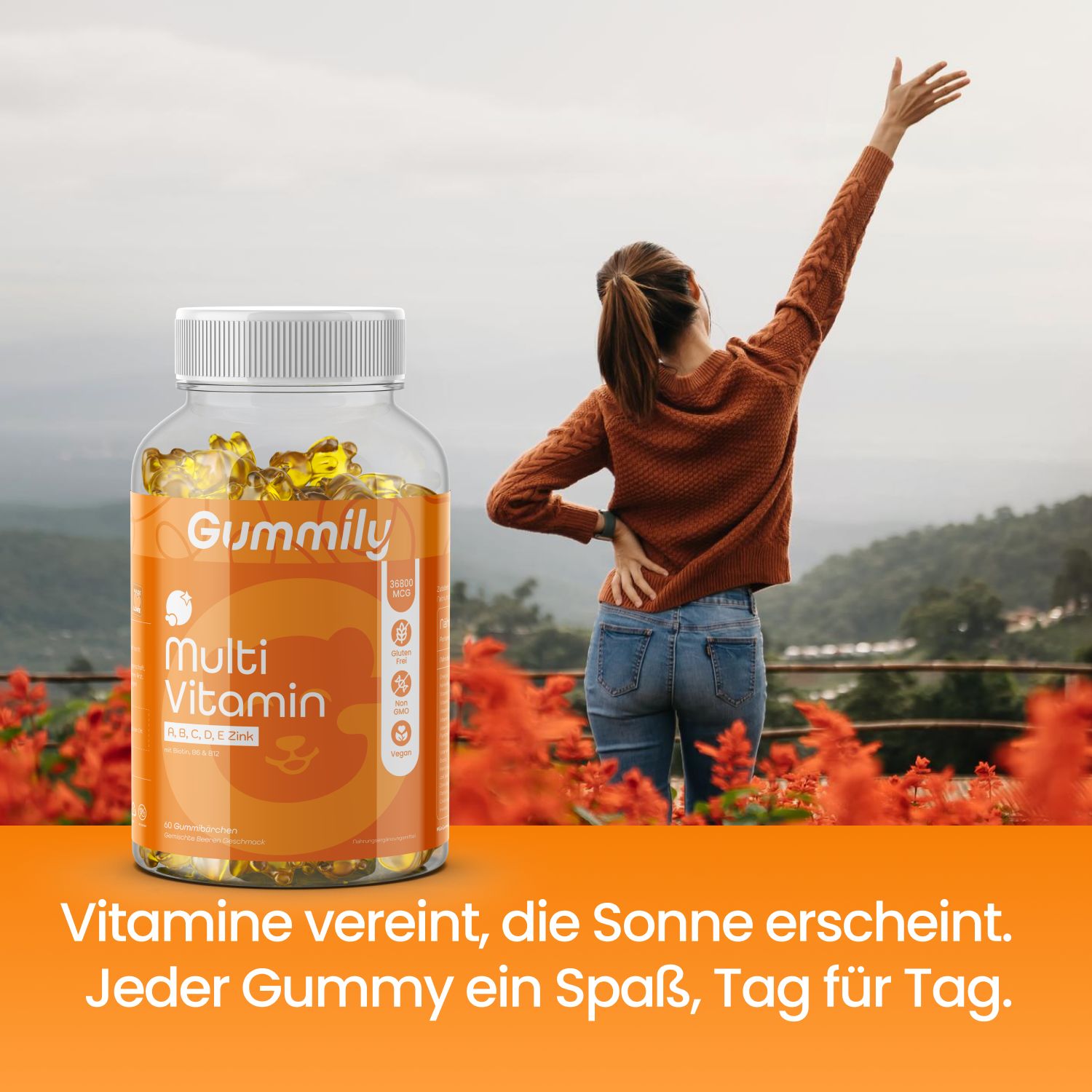 Gummily Multivitamin-Gummibärchen-Flasche neben einer Frau. Text: Vitamine vereint, die Sonne erscheint. Jeder Gummy ein Spaß, Tag für Tag.