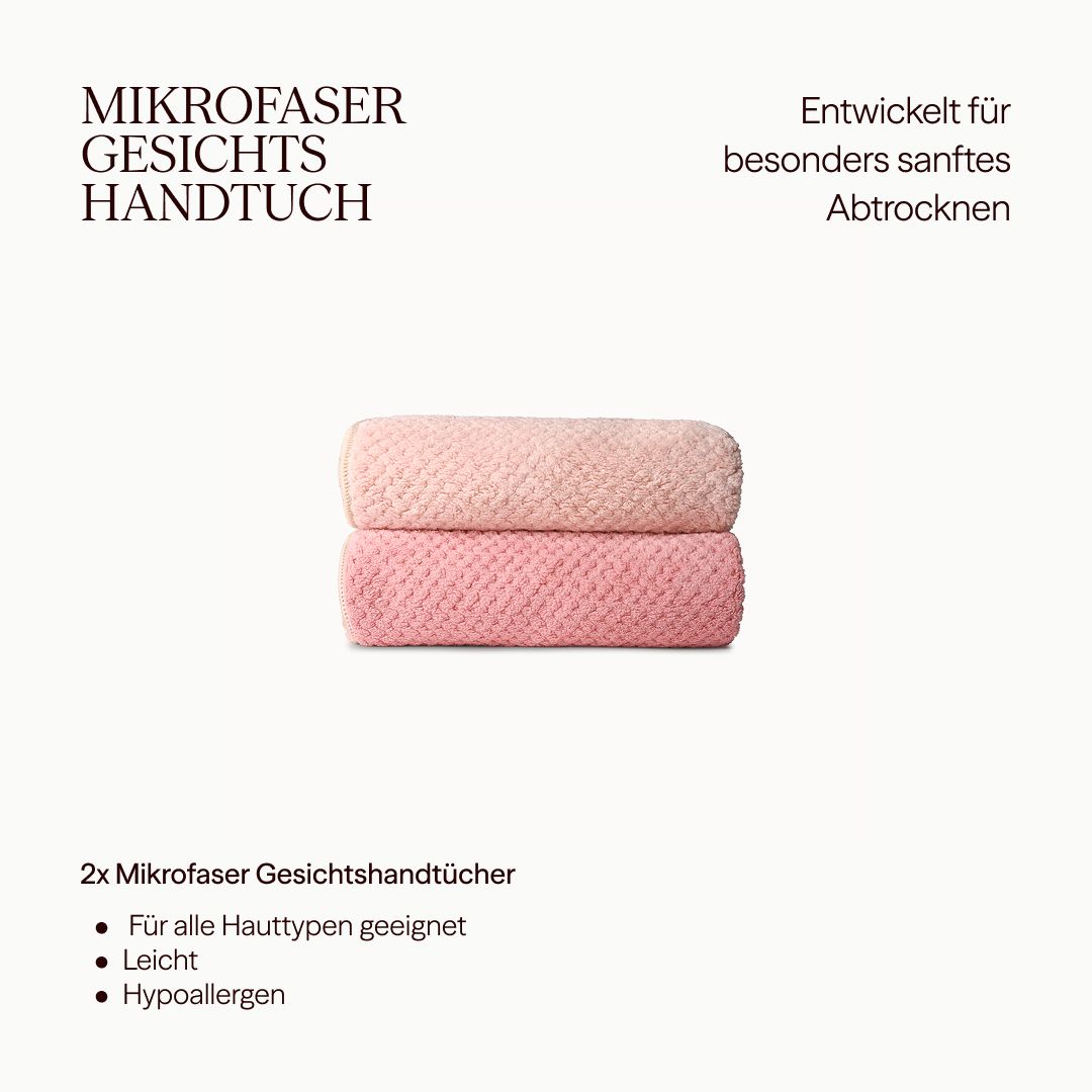 Zwei rosa Mikrofasertücher, übereinander. Text: 2x Mikrofasertücher. Für alle Hauttypen geeignet, leicht, hypoallergen.