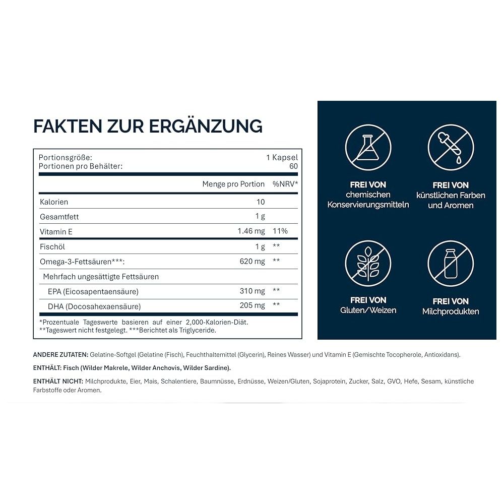 Tabelle mit Nährwertangaben. Enthält: Omega-3-Fettsäuren, EPA, DHA. Frei von: Konservierungsmitteln, Aromen.