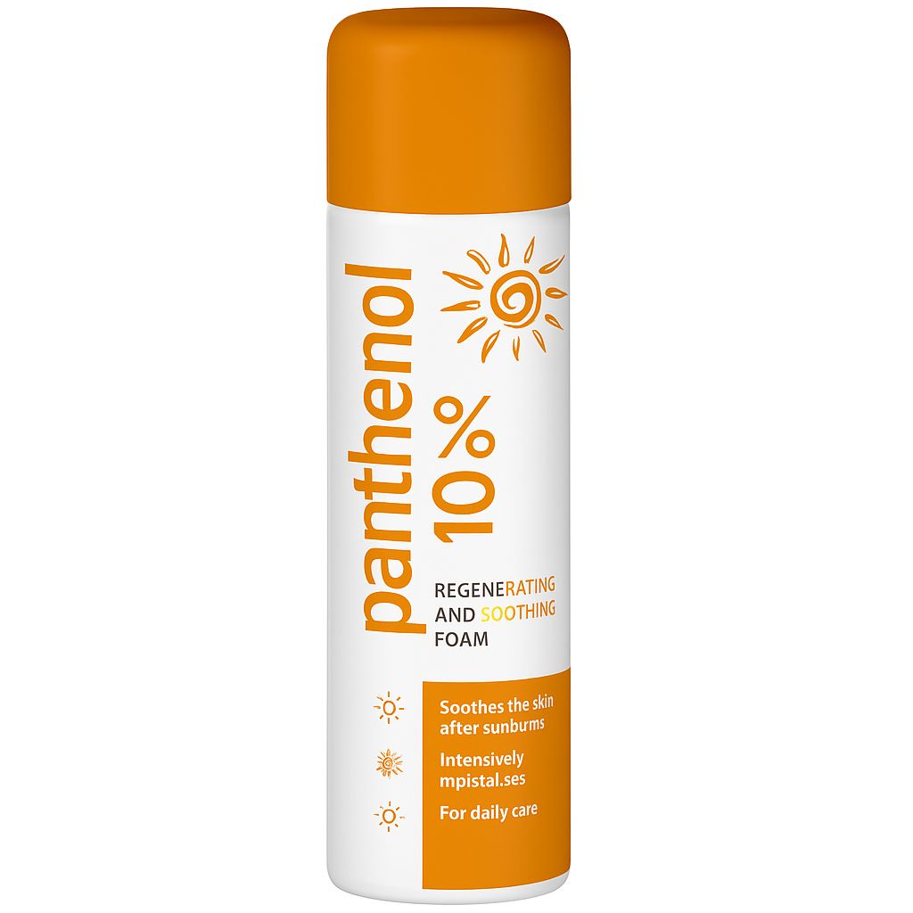 Weiße Sprühflasche mit orangefarbenem Deckel. Beschriftung: Panthenol 10%, Regenerating and Soothing Foam. Text: Soothes the skin after sunburns.