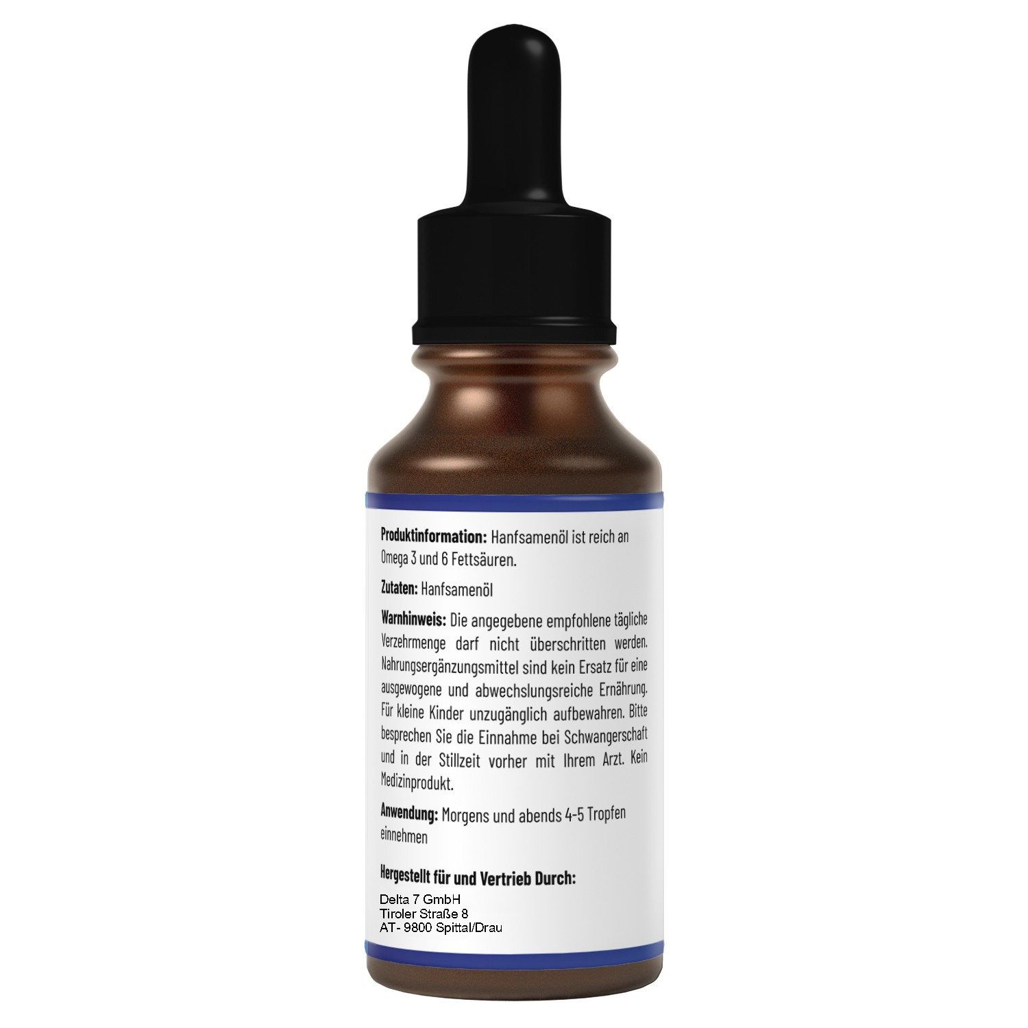 Rückseite der braunen Flasche mit Tropfer. Text: Produktinformation, Zutaten, Warnhinweise, Anwendung. Herstellerinformationen.