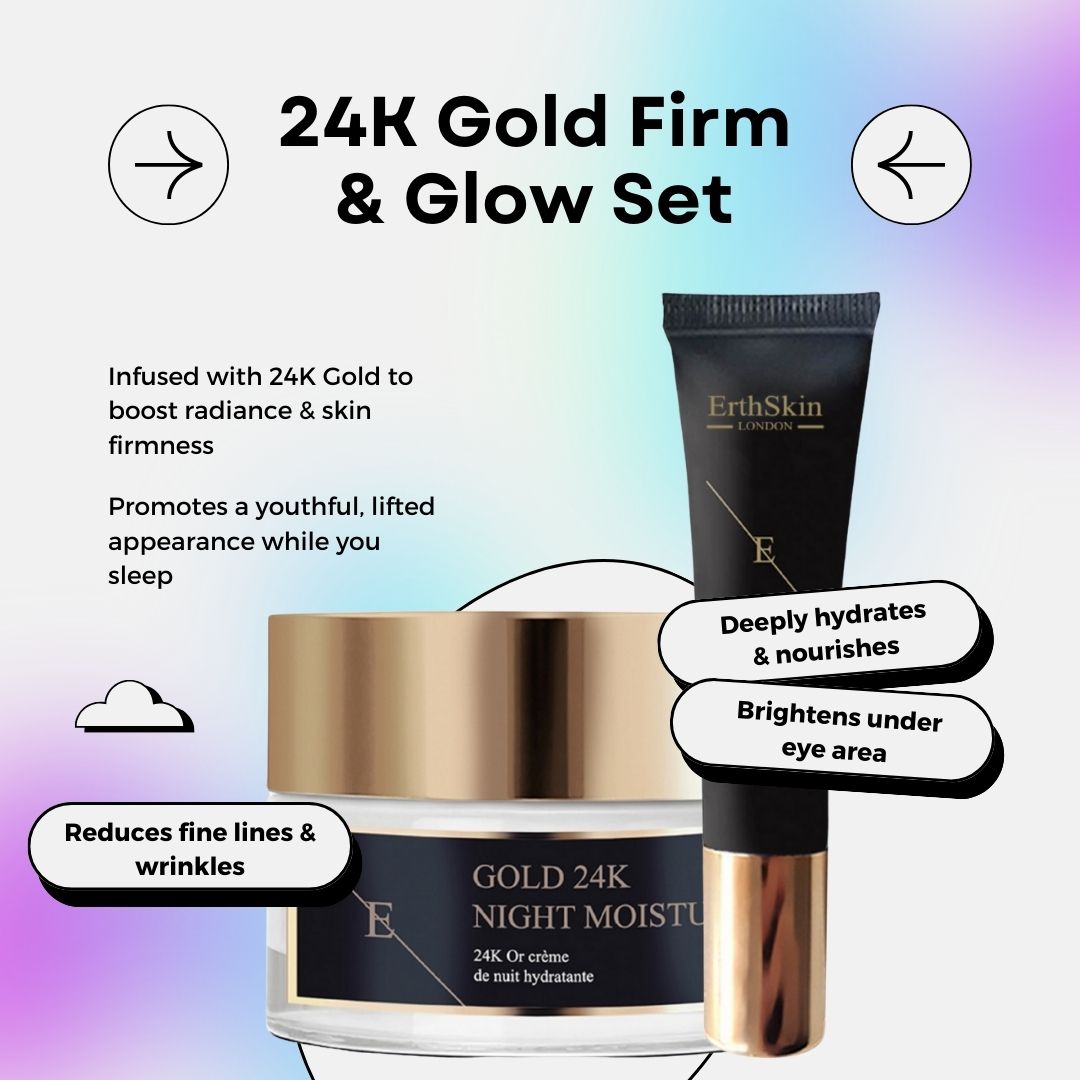 ErthSkin London Set. Nachtcreme und Augencreme. Goldfarbene Deckel. Text: 24K Gold. Grafische Elemente: Pfeile, Sprechblasen.