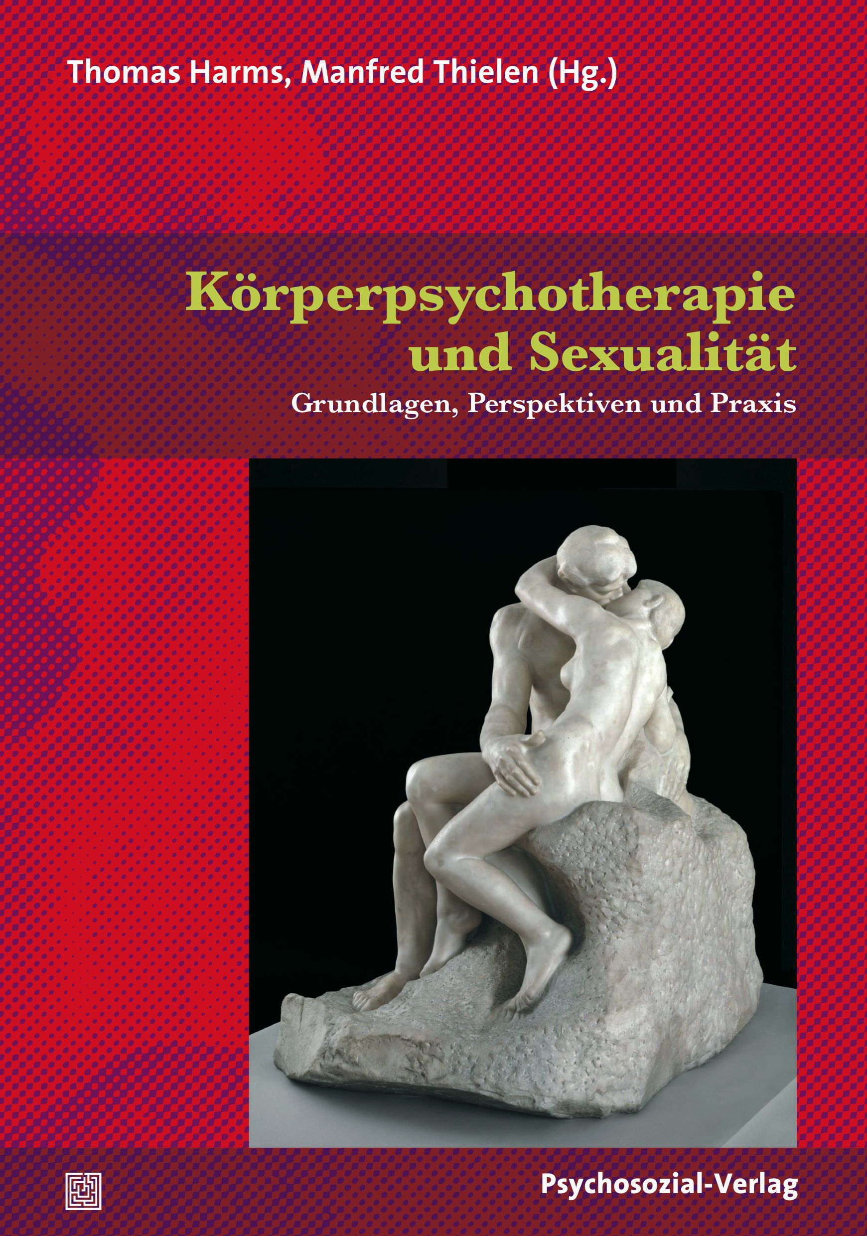 Buchcover: "Körperpsychotherapie und Sexualität". Titel, Autoren, Verlag. Skulptur von zwei Personen. Roter Hintergrund.