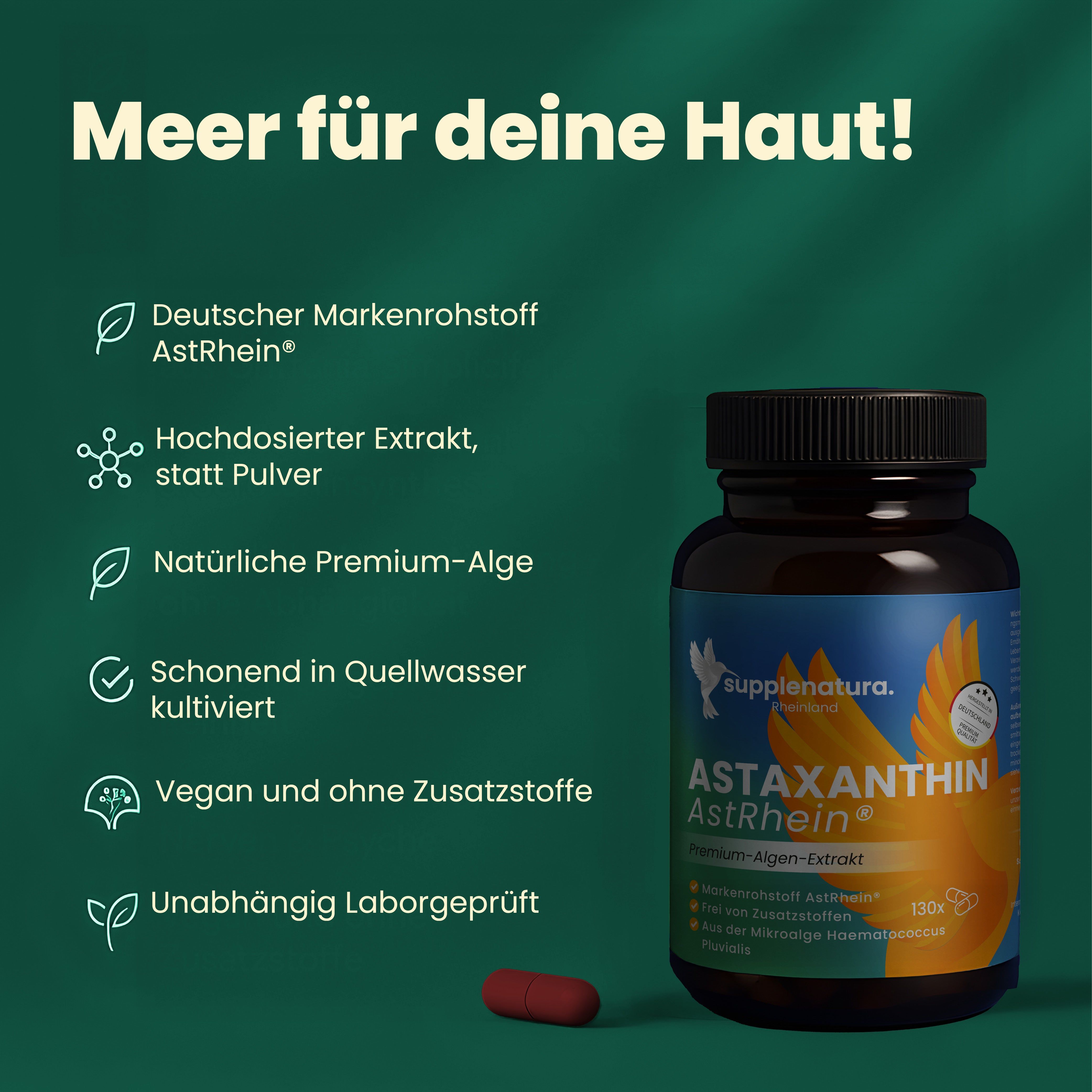 Produktflasche mit Astaxanthin AstRhein und Kapsel. Text: Deutscher Markenrohstoff AstRhein, hochdosierter Extrakt, natürliche Premium-Alge.