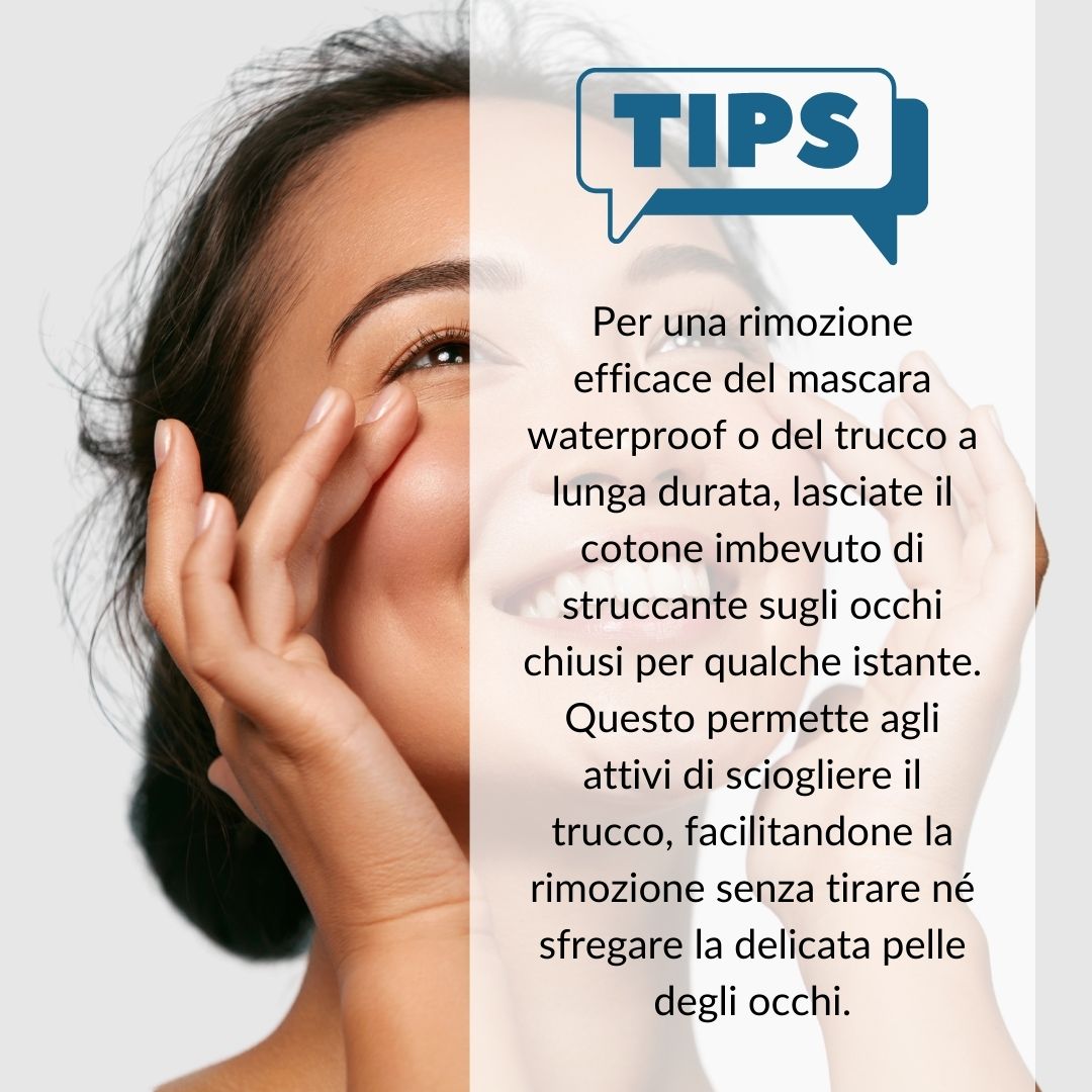 Testo su sfondo bianco. Consigli: Cotone sugli occhi. Sciogliere il trucco. Senza sfregare.