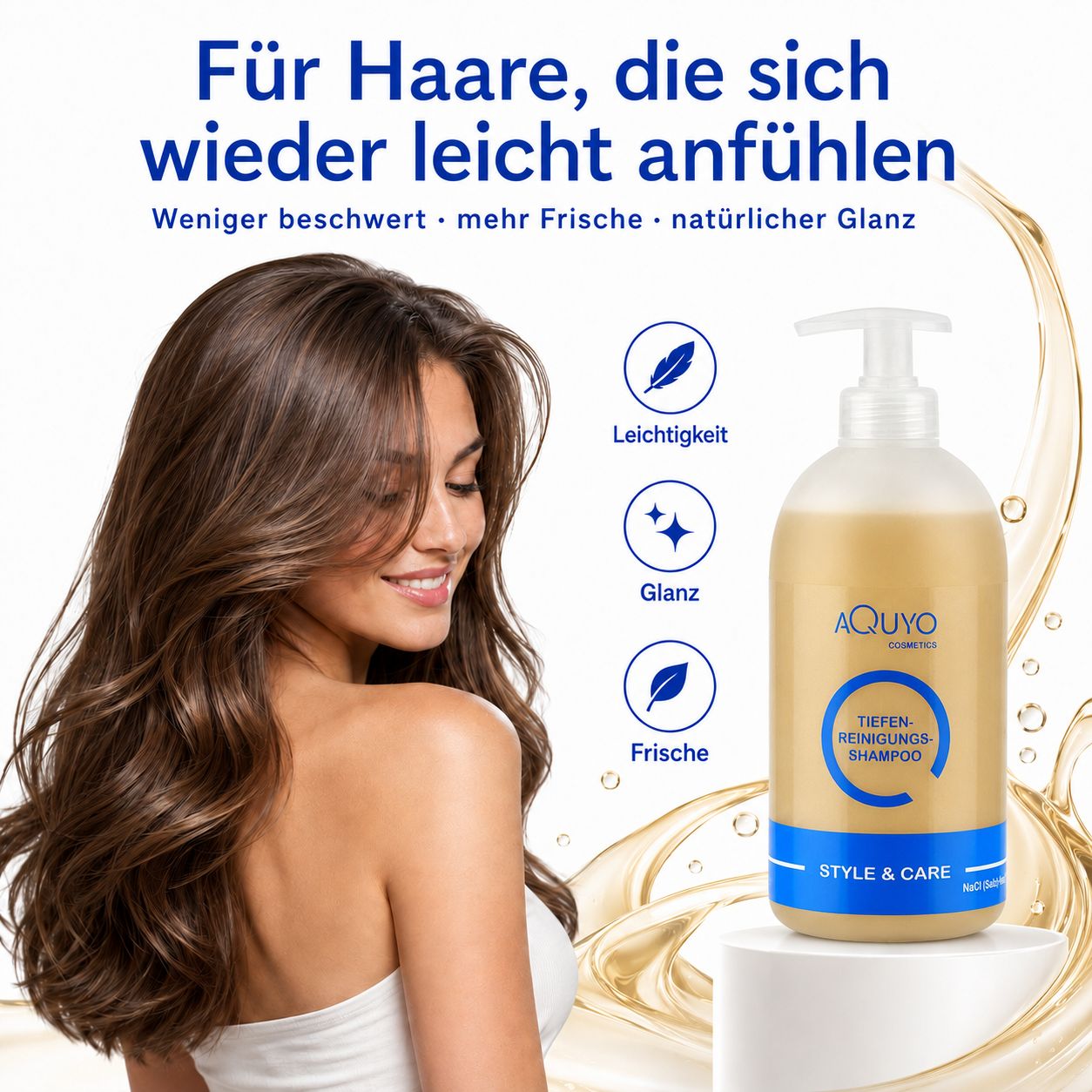 Frau mit langen, braunen Haaren. Shampoo-Flasche mit Aufschrift 'Tiefenreinigungs Shampoo'. Text: Für Haare, die sich wieder leicht anfühlen.