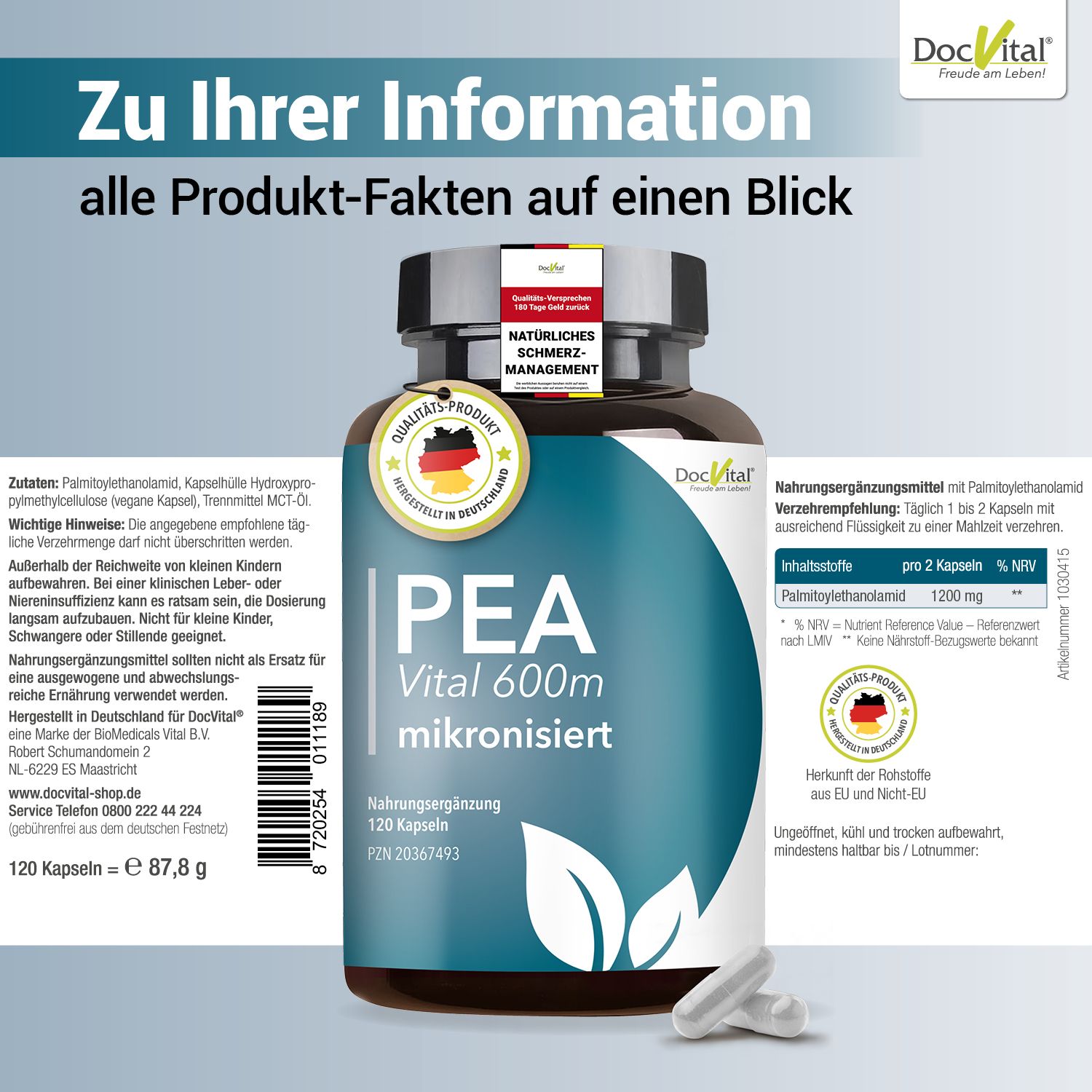 DocVital PEA Vital 600m mikronisierte Kapseln in Braunglasflasche, mit Nährwertangaben und Siegeln.