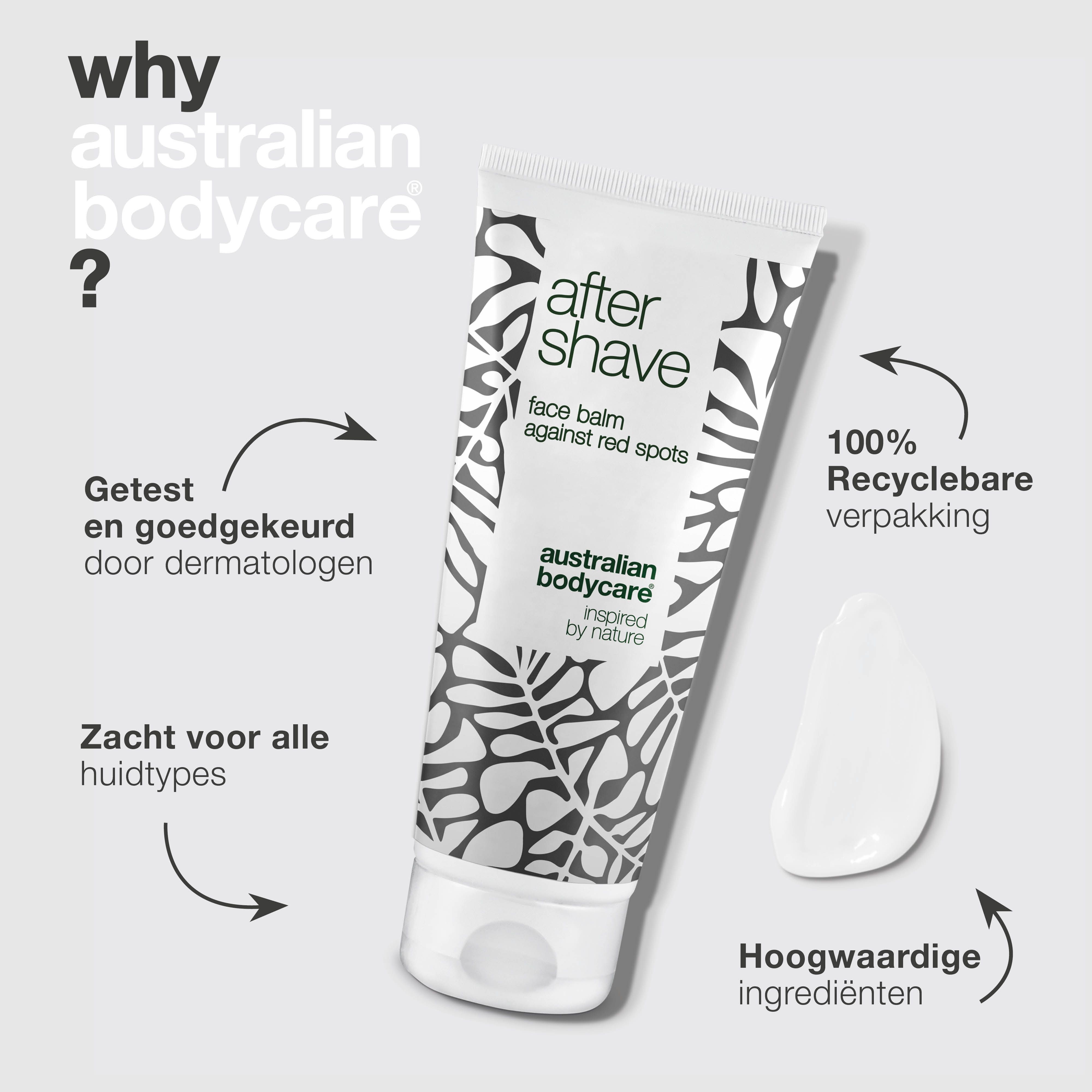 Product en druppel. Tekst: After Shave, face balm. Merk: Australian Bodycare. Extra teksten.