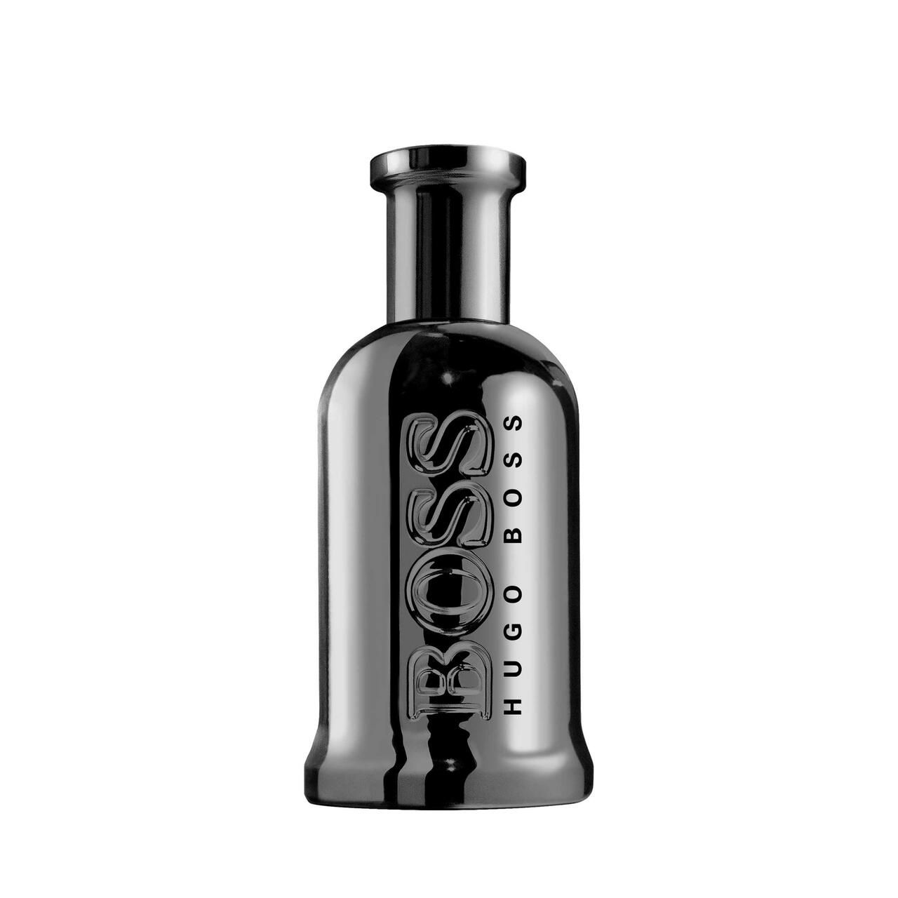 Flakon mit BOSS-Logo und Hugo Boss-Schriftzug. Silberfarbenes Glas. Zylindrischer Hals. Schwarzer Verschluss.