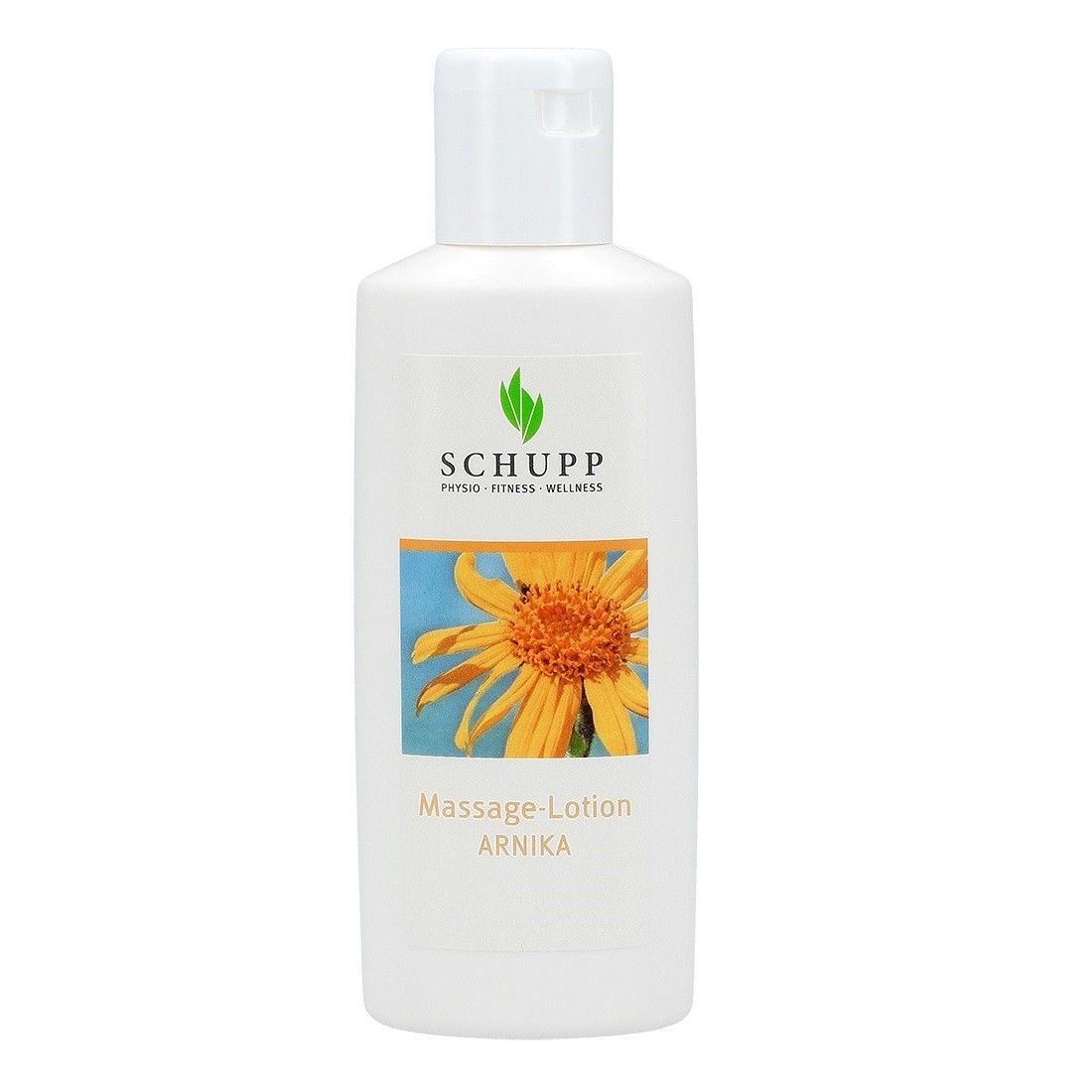Weiße Flasche mit Etikett. Aufschrift: SCHUPP, Massage-Lotion Arnika. Abbildung einer Blüte.