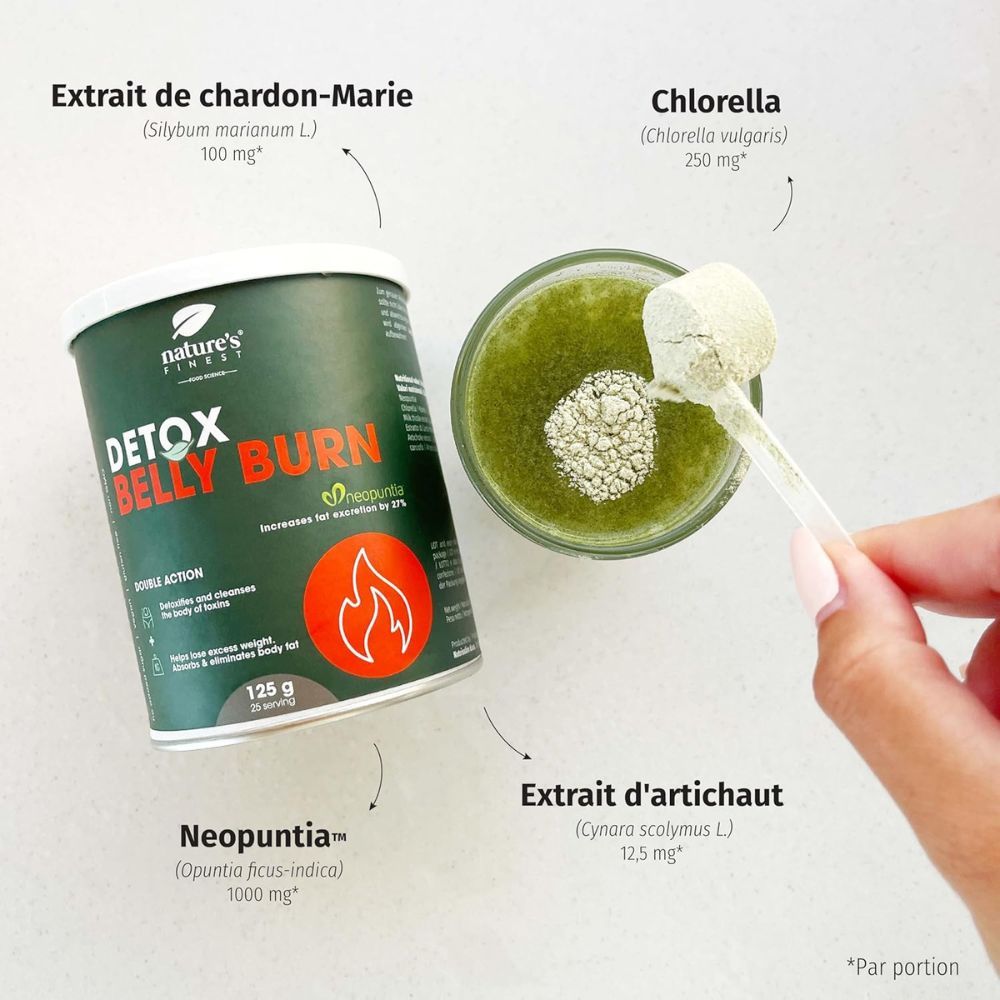 Boîte "DETOX BELLY BURN" 125 g. Verre boisson verte. Noms et quantités des ingrédients.