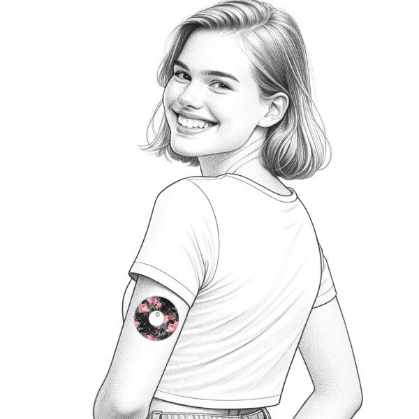 Skizze einer Person mit einem runden Pflaster am Arm. Floralmuster, schwarzer Hintergrund mit rosa Blüten.