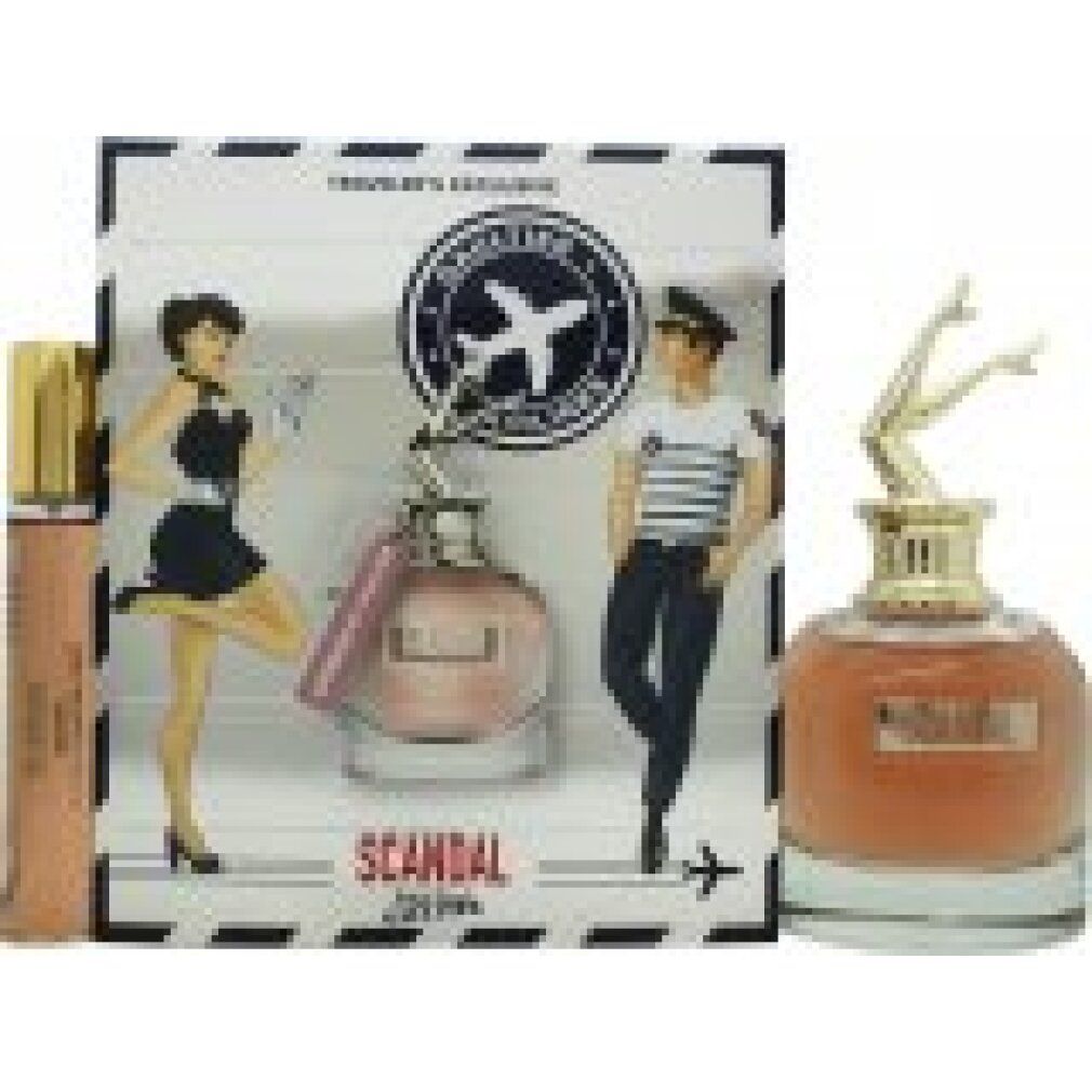 Geschenkset mit Flakon, Miniatur und Verpackung. Flakon mit goldfarbenem Deckel. Schriftzug "Scandal".