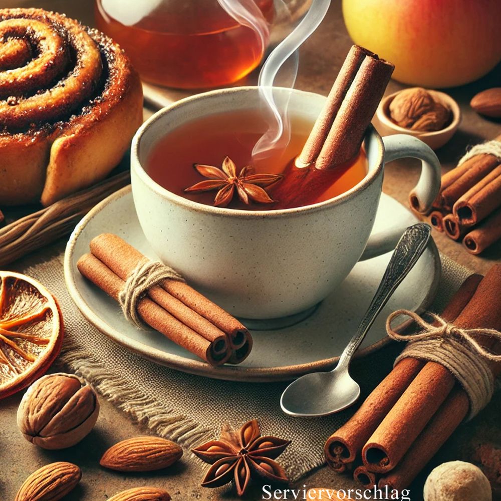 Tasse Tee mit Zimtstangen und Anis. Auf einem Tisch mit Zimt, Nüssen und einer Zimtschnecke. Servierbeispiel.