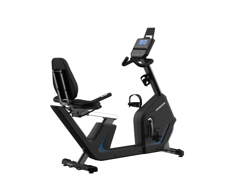 Schwarzer Liege-Ergometer. Rückenlehne, Sitz, Pedale und Armlehnen. Horizon Fitness Logo. Digitales Display.
