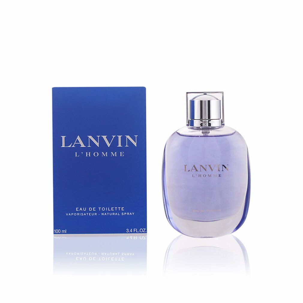 Hellblaues Eau de Toilette-Spray mit blauer Verpackung. Aufschrift: LANVIN L'HOMME, Eau de Toilette. 100 ml.
