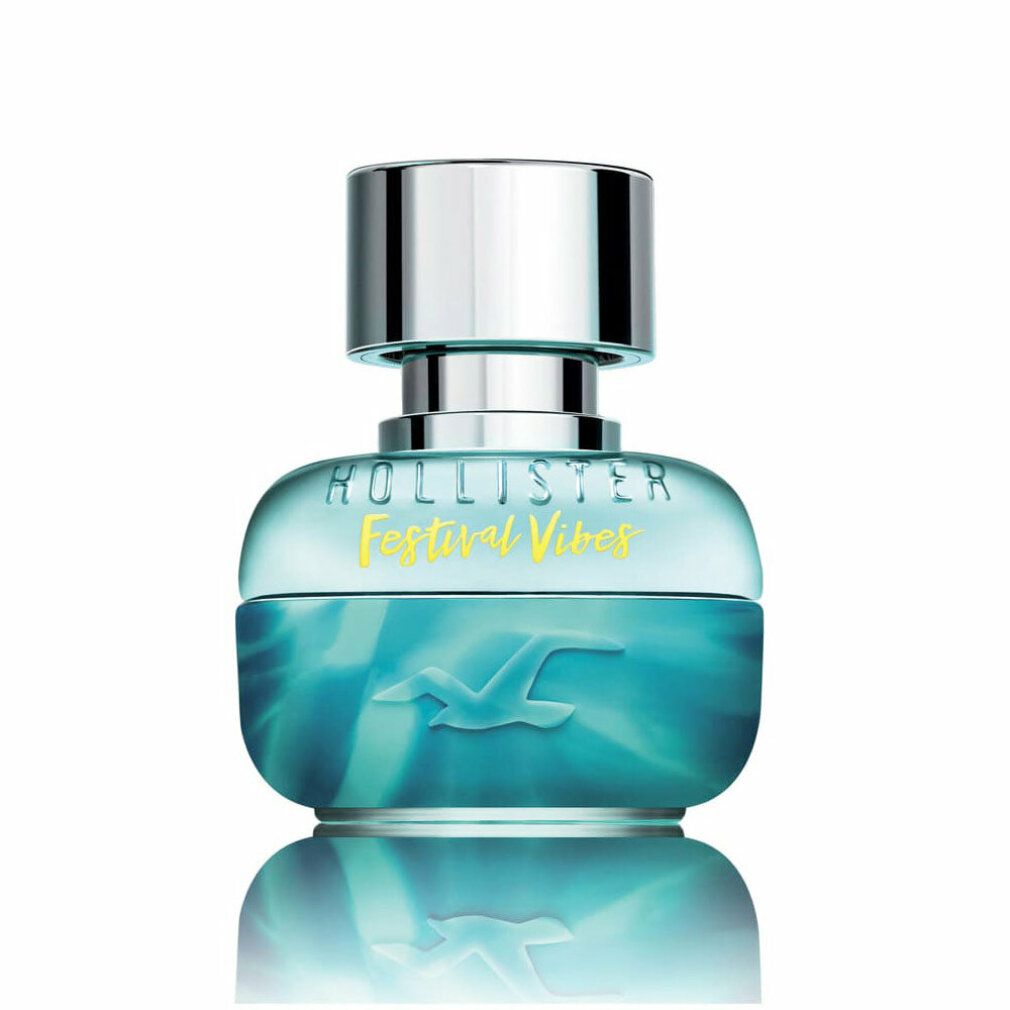 Eau de Toilette-Flakon mit silbernem Deckel und blauem Glas. Gelber Schriftzug und Logo auf dem Flakon.